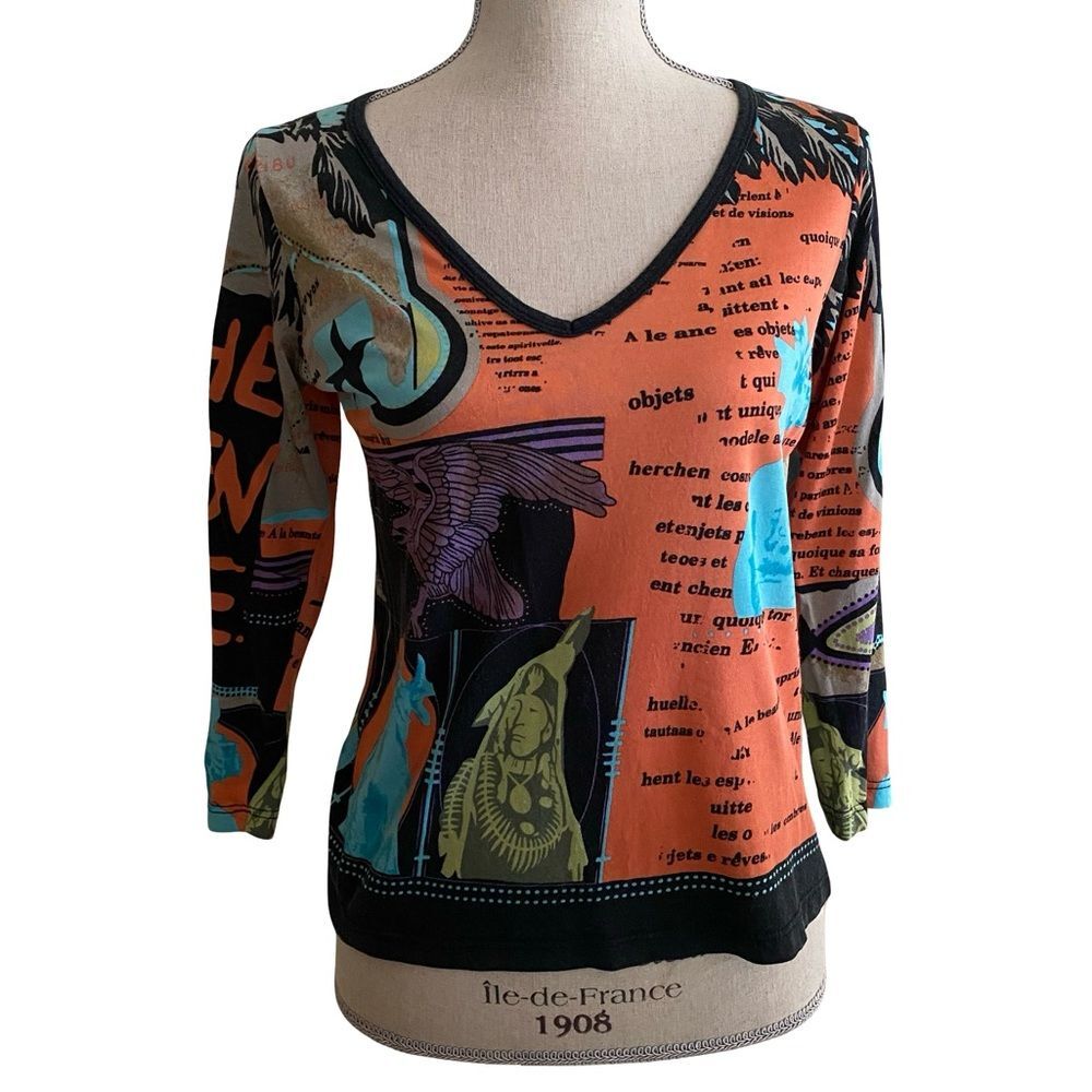 Y2K Lynn Ritchie Printed Silk Blend V-Neck Top Size Medium